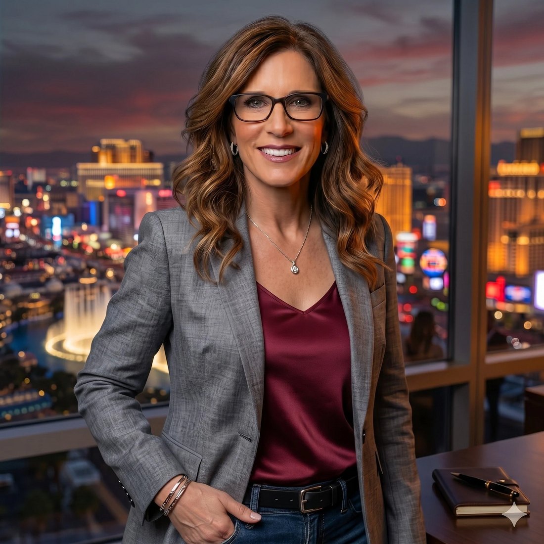 Kristie Ford, Founder and Managing Director of Redline Tactix, in a gray blazer and burgundy top in front of a Las Vegas skyline at dusk